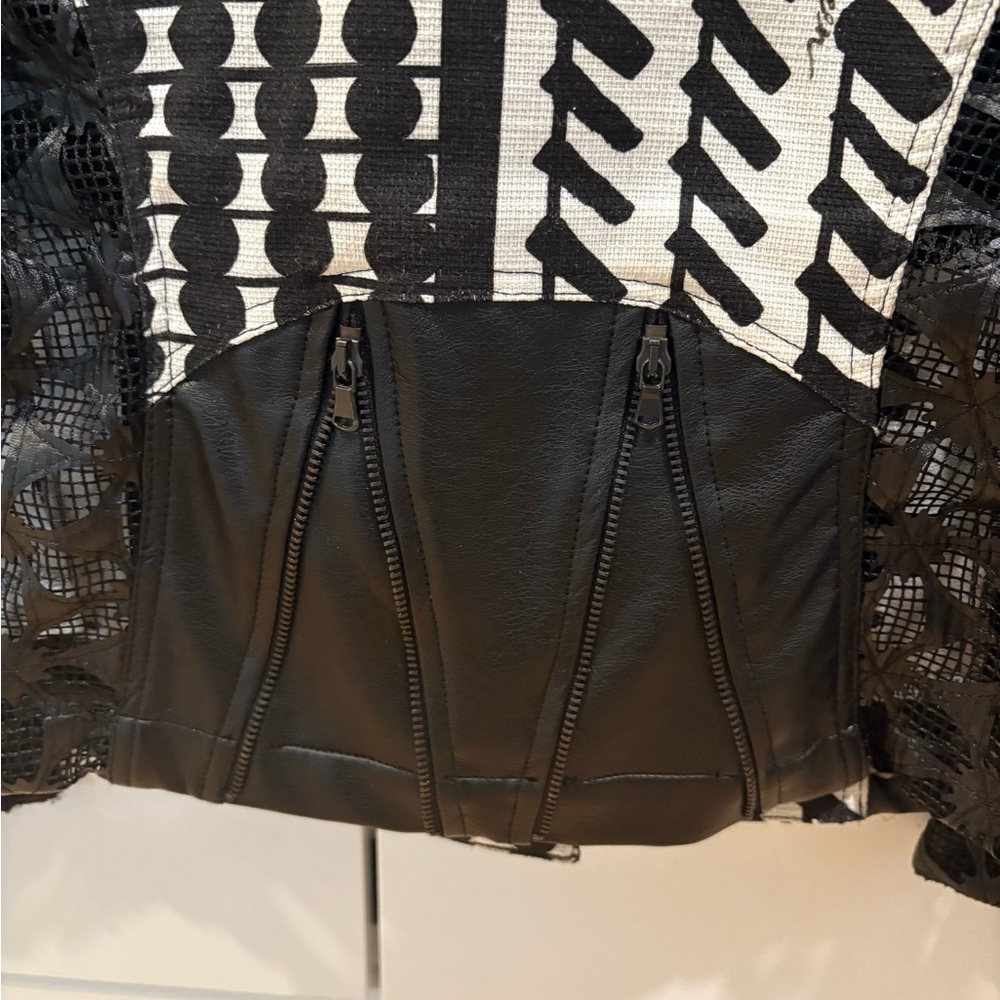 Save The Queen Geometric Print Leather Mesh Jacket - Picture 5 of 10
